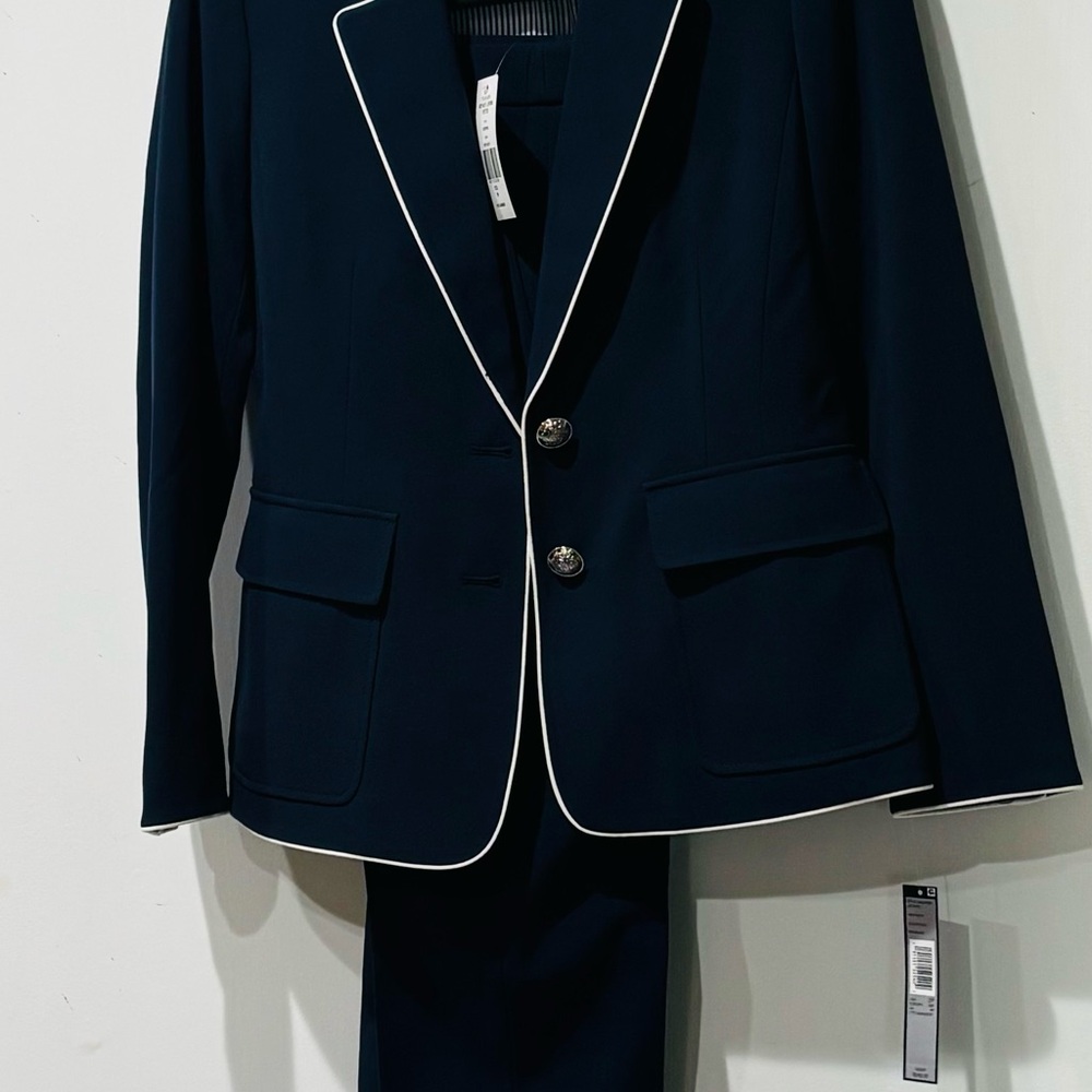 Tahari Navy Blazer with White Piping